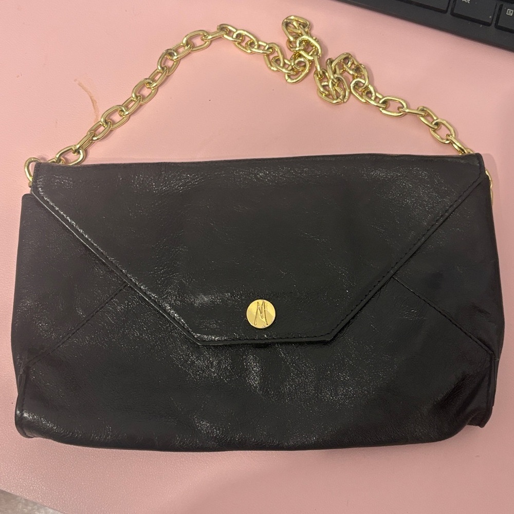 Marciano Black Leather Envelope Clutch Gold Chain Strap